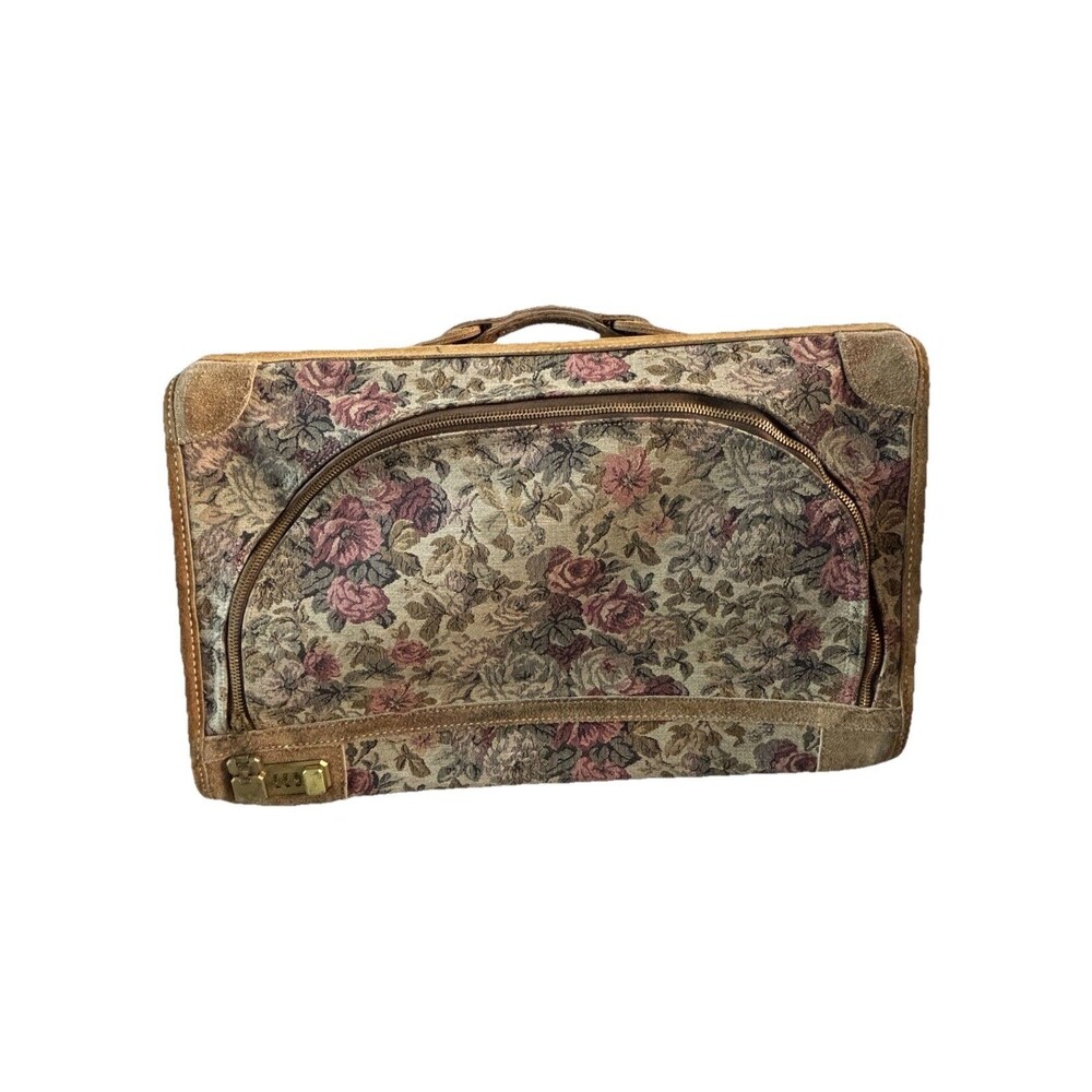 Vintage French Luggage Co Floral Rose Tapestry & Suede Leather Suitcase
